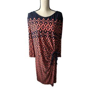 Taylor Dress Coral Navy Geometric 3/4 Side Cinch Tie Hidden Zipper Size 24W
